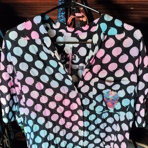 Upcycled fashion! Hand-dyed vintage Esprit polka dot short sleeve shirt w/skull
